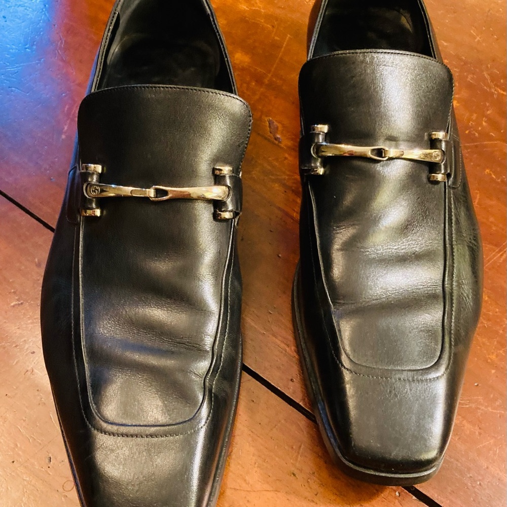 Classic Italian Gucci gloss black leather silver horse bit square toe loafers - Picture 4 of 11